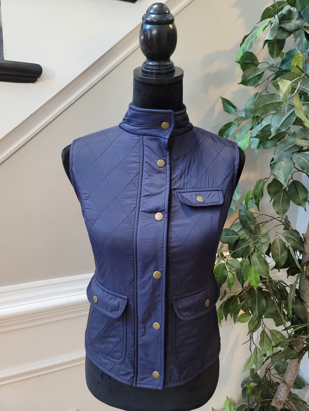 Talbots Gilet Vest Women's SZ XS Navy Blue Quilted Fleece Lined Utility Pockets